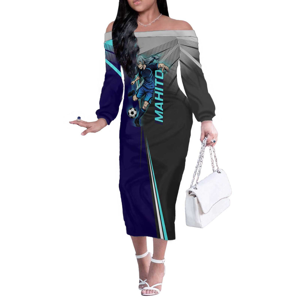 Personalized Mahito Jujutsu Kaisen Off The Shoulder Long Sleeve Dress with Teal Gradient and Blue Uniform Design
