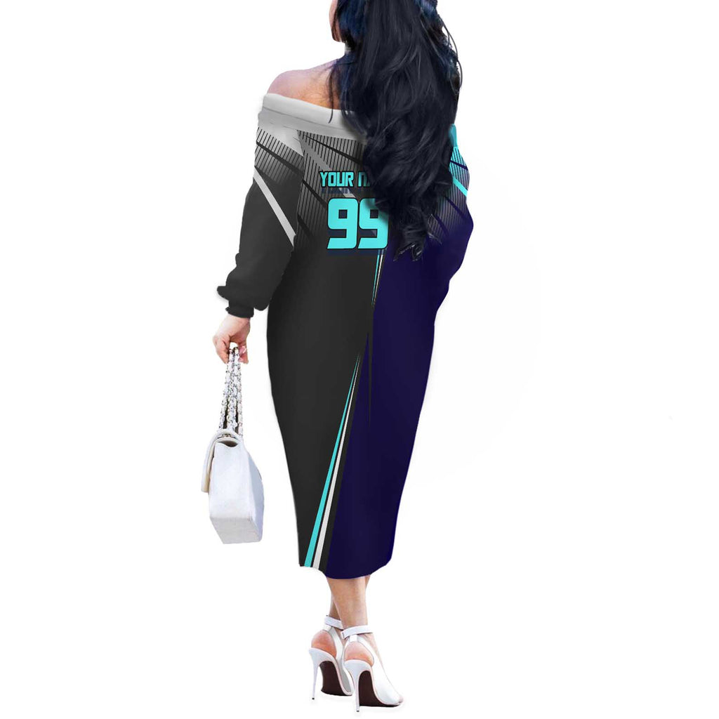 Personalized Mahito Jujutsu Kaisen Off The Shoulder Long Sleeve Dress with Teal Gradient and Blue Uniform Design