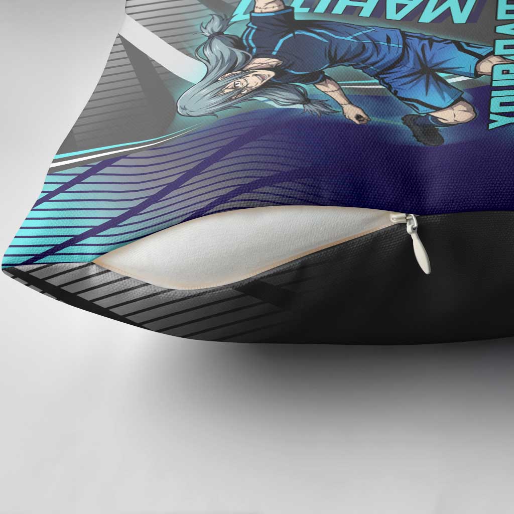 Personalized Mahito Jujutsu Kaisen Pillow Cover with Teal Gradient and Blue Uniform Design