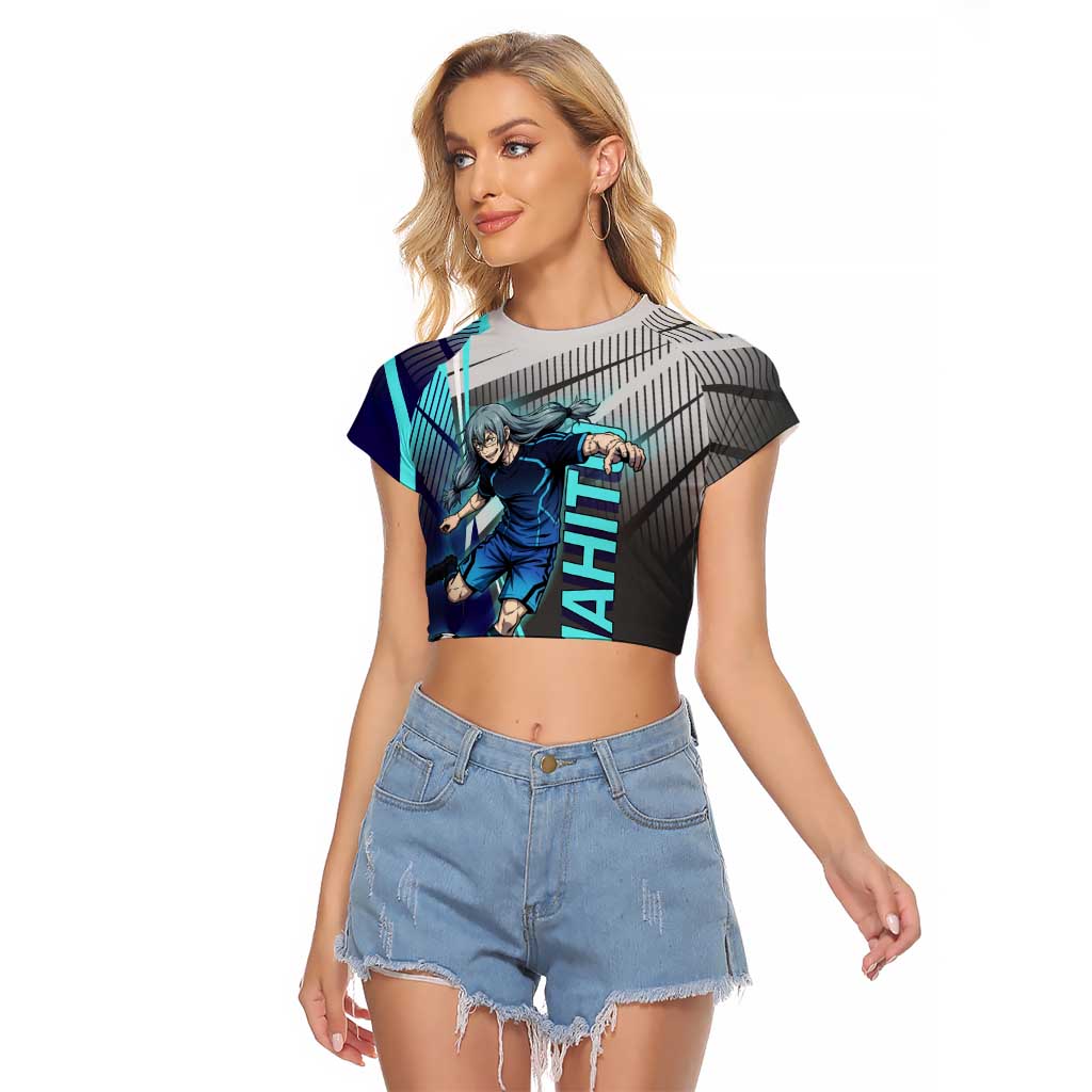 Personalized Mahito Jujutsu Kaisen Raglan Cropped T Shirt with Teal Gradient and Blue Uniform Design