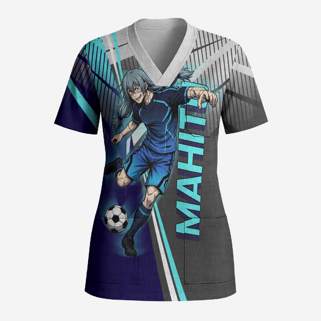 Personalized Mahito Jujutsu Kaisen Scrub Top with Teal Gradient and Blue Uniform Design
