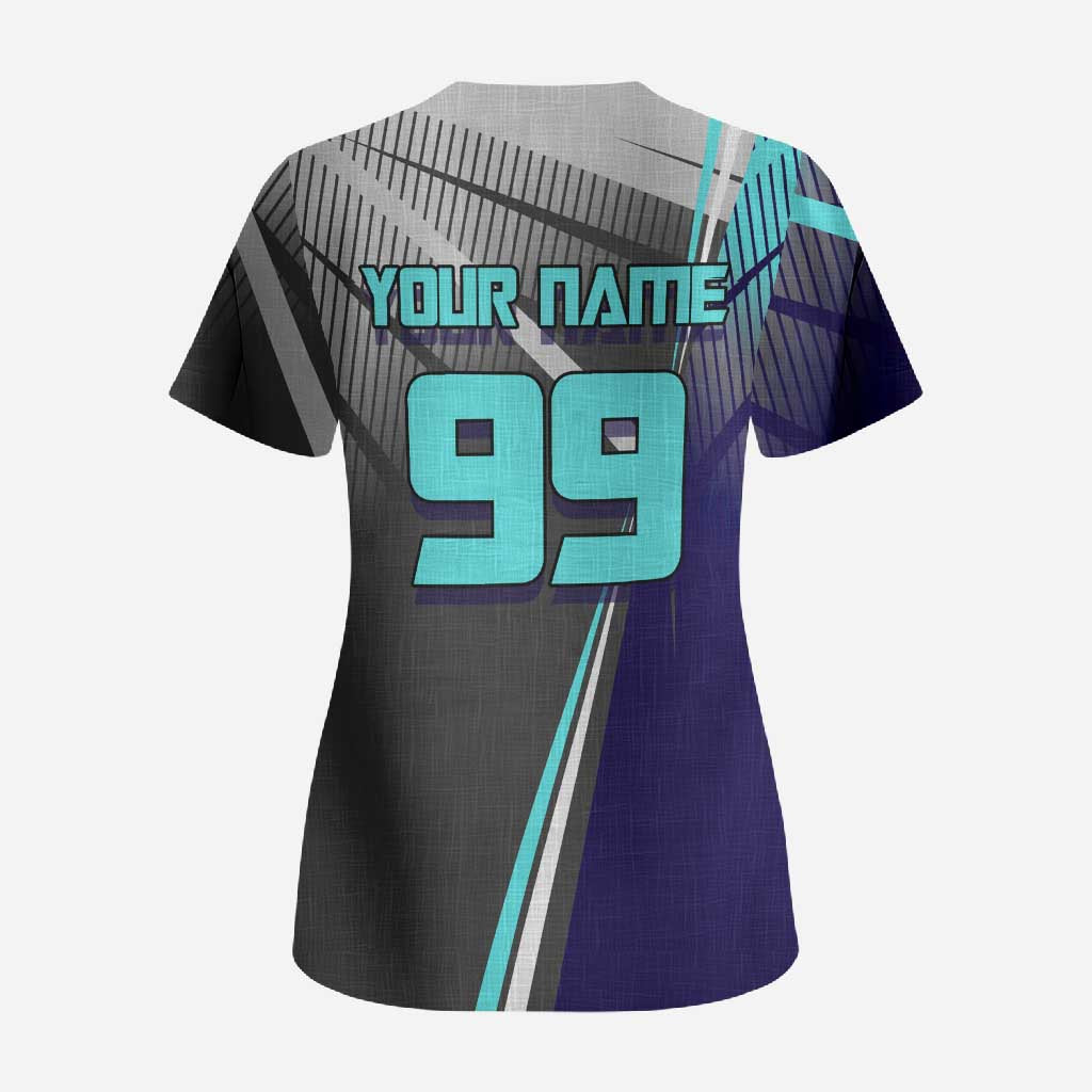 Personalized Mahito Jujutsu Kaisen Scrub Top with Teal Gradient and Blue Uniform Design