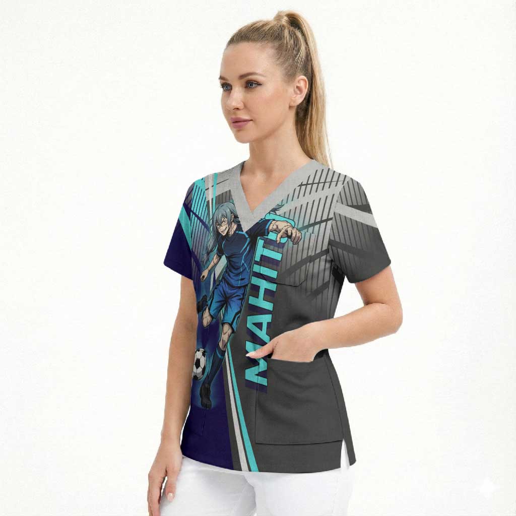 Personalized Mahito Jujutsu Kaisen Scrub Top with Teal Gradient and Blue Uniform Design