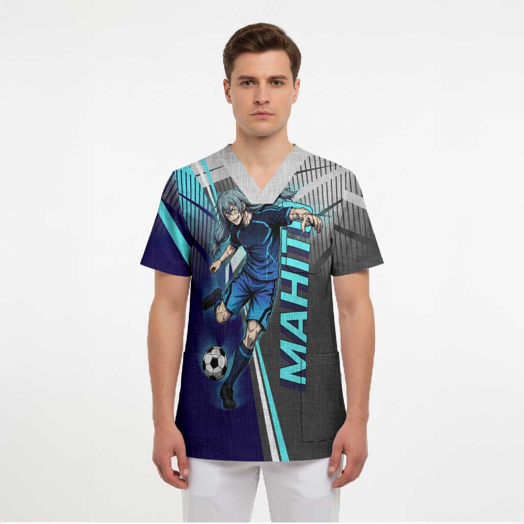 Personalized Mahito Jujutsu Kaisen Scrub Top with Teal Gradient and Blue Uniform Design