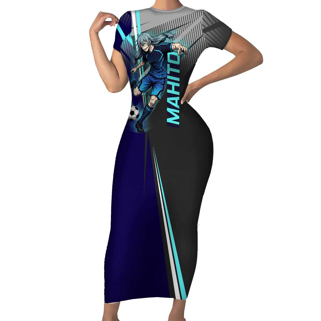 Personalized Mahito Jujutsu Kaisen Short Sleeve Bodycon Dress with Teal Gradient and Blue Uniform Design