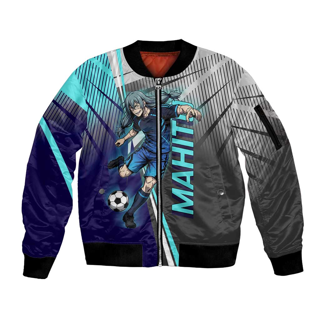 Personalized Mahito Jujutsu Kaisen Sleeve Zip Bomber Jacket with Teal Gradient and Blue Uniform Design