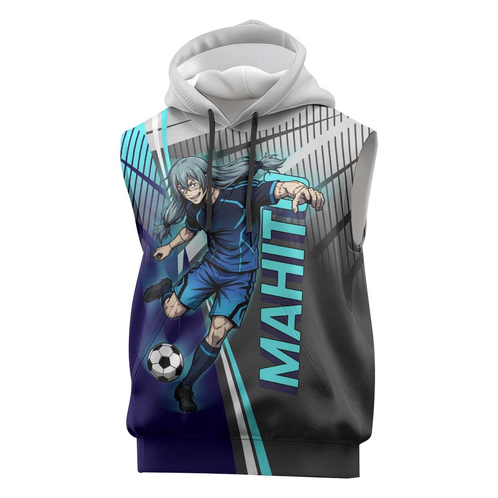 Personalized Mahito Jujutsu Kaisen Sleeveless Hoodie with Teal Gradient and Blue Uniform Design