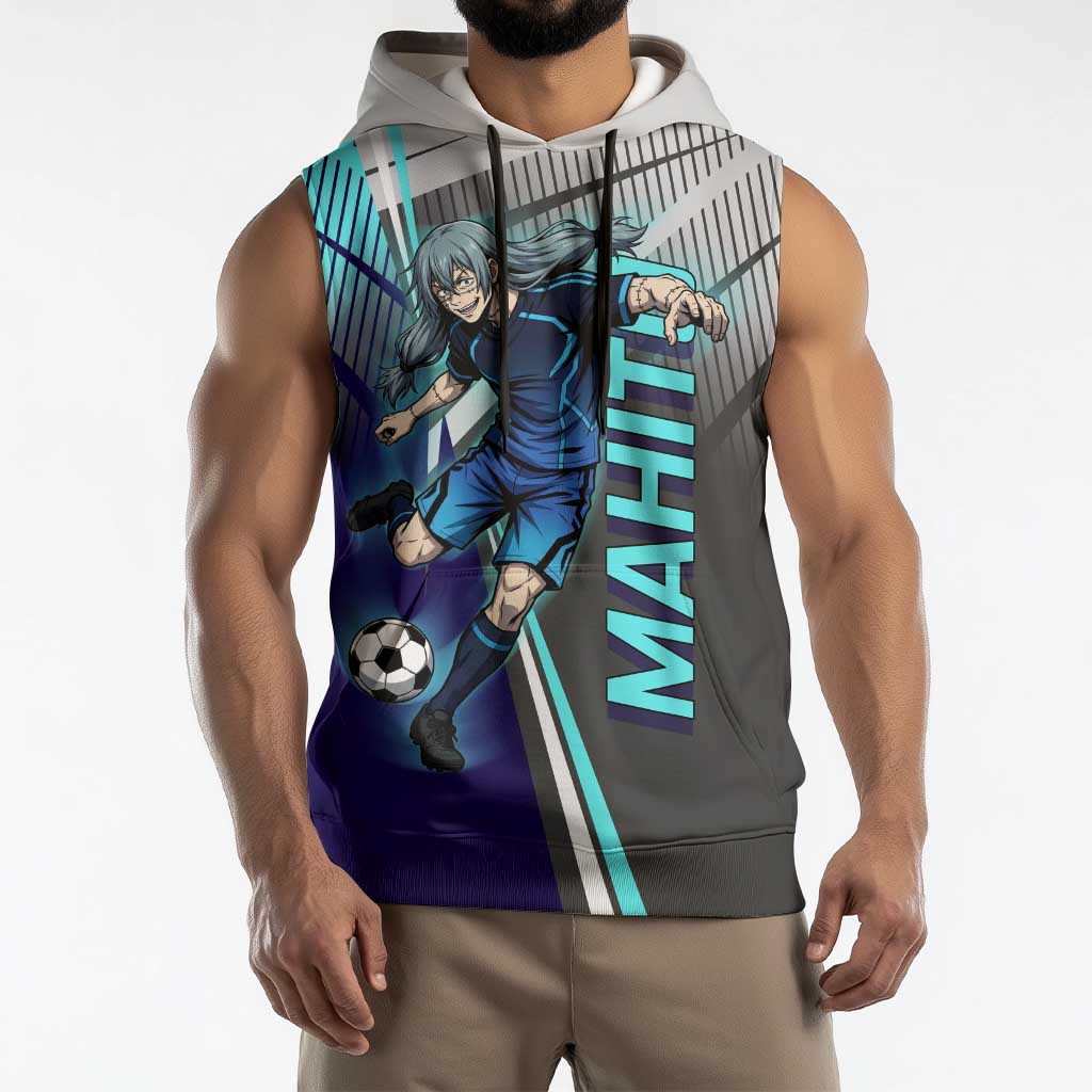 Personalized Mahito Jujutsu Kaisen Sleeveless Hoodie with Teal Gradient and Blue Uniform Design