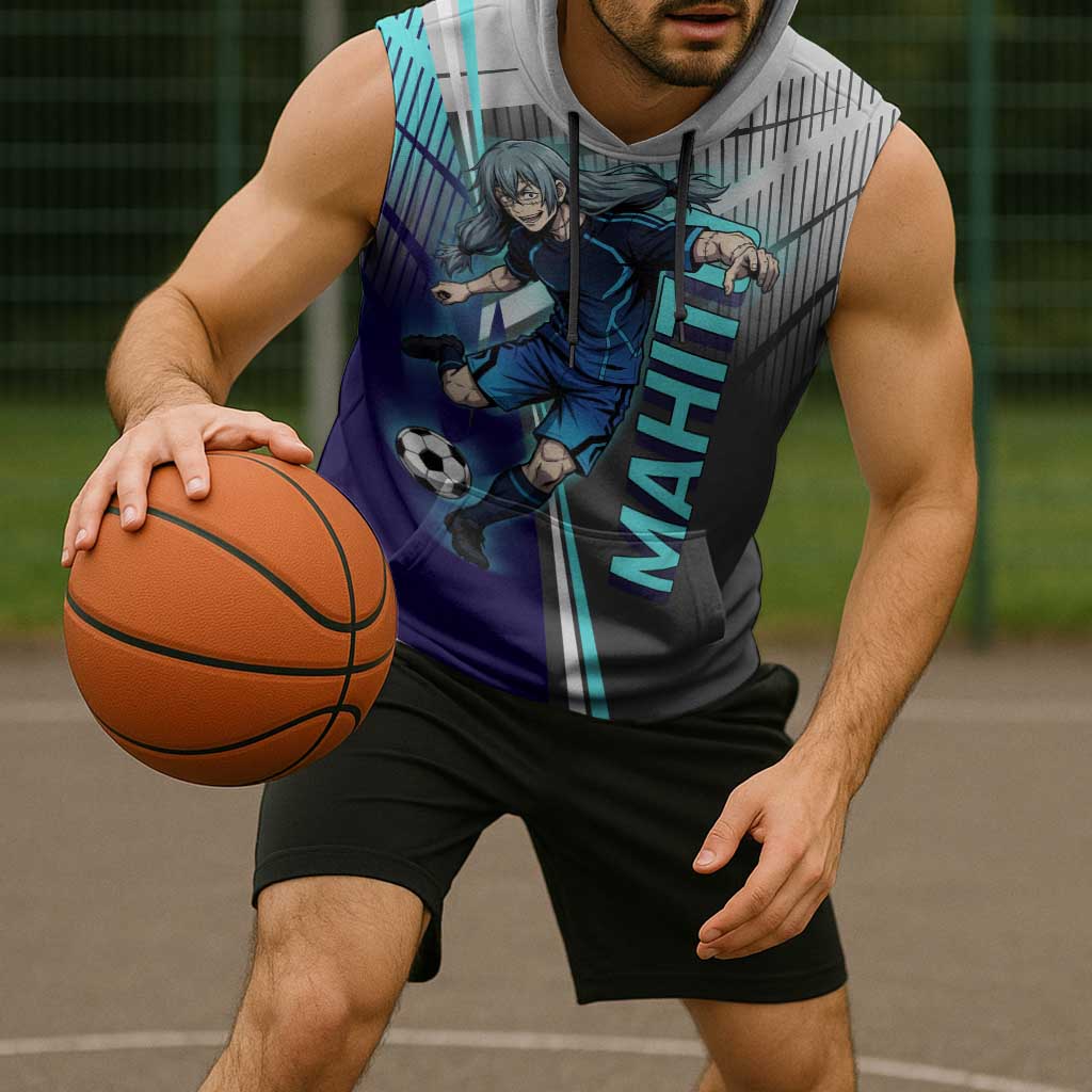 Personalized Mahito Jujutsu Kaisen Sleeveless Hoodie with Teal Gradient and Blue Uniform Design