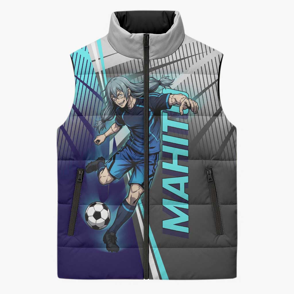 Personalized Mahito Jujutsu Kaisen Sleeveless Puffer Jacket with Teal Gradient and Blue Uniform Design