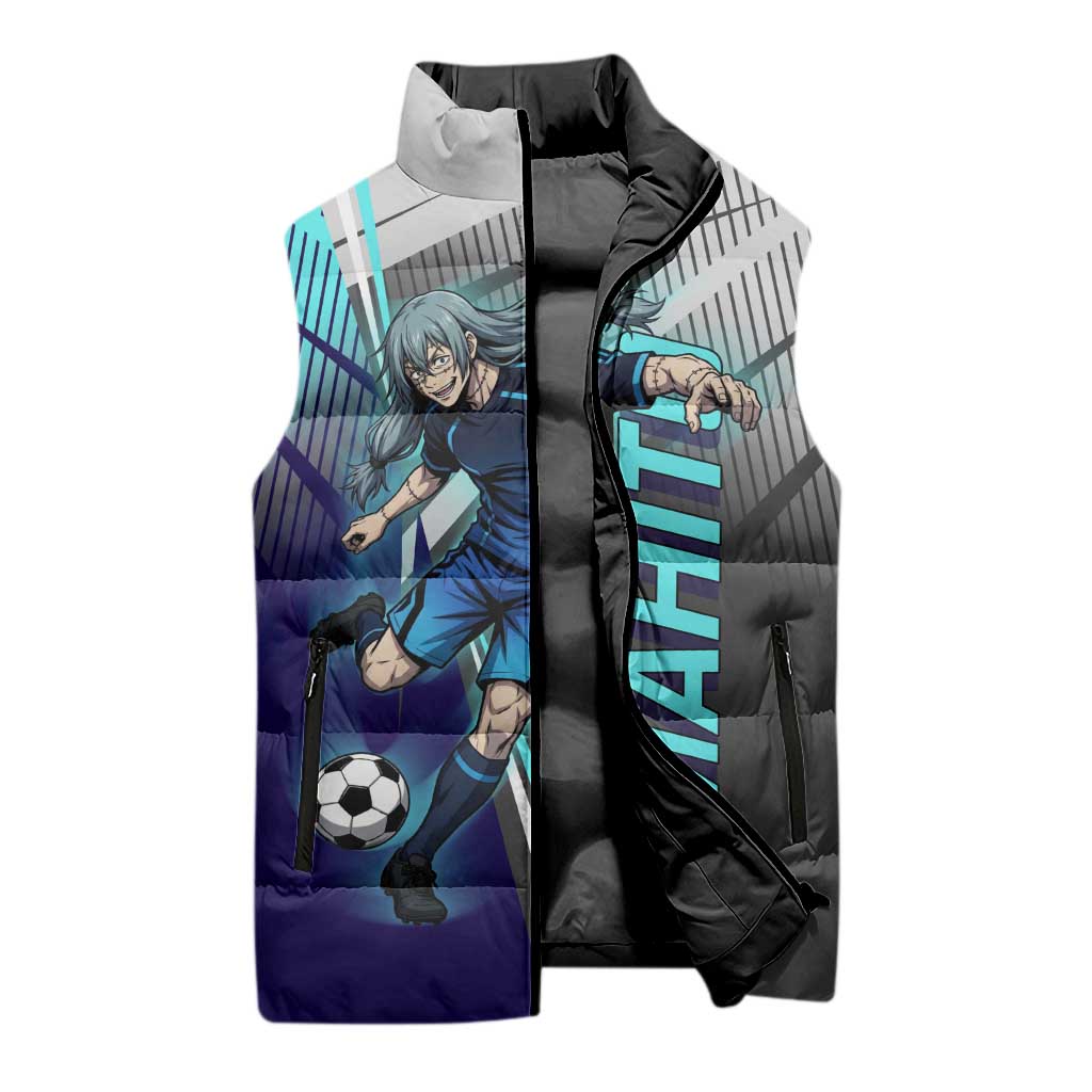 Personalized Mahito Jujutsu Kaisen Sleeveless Puffer Jacket with Teal Gradient and Blue Uniform Design