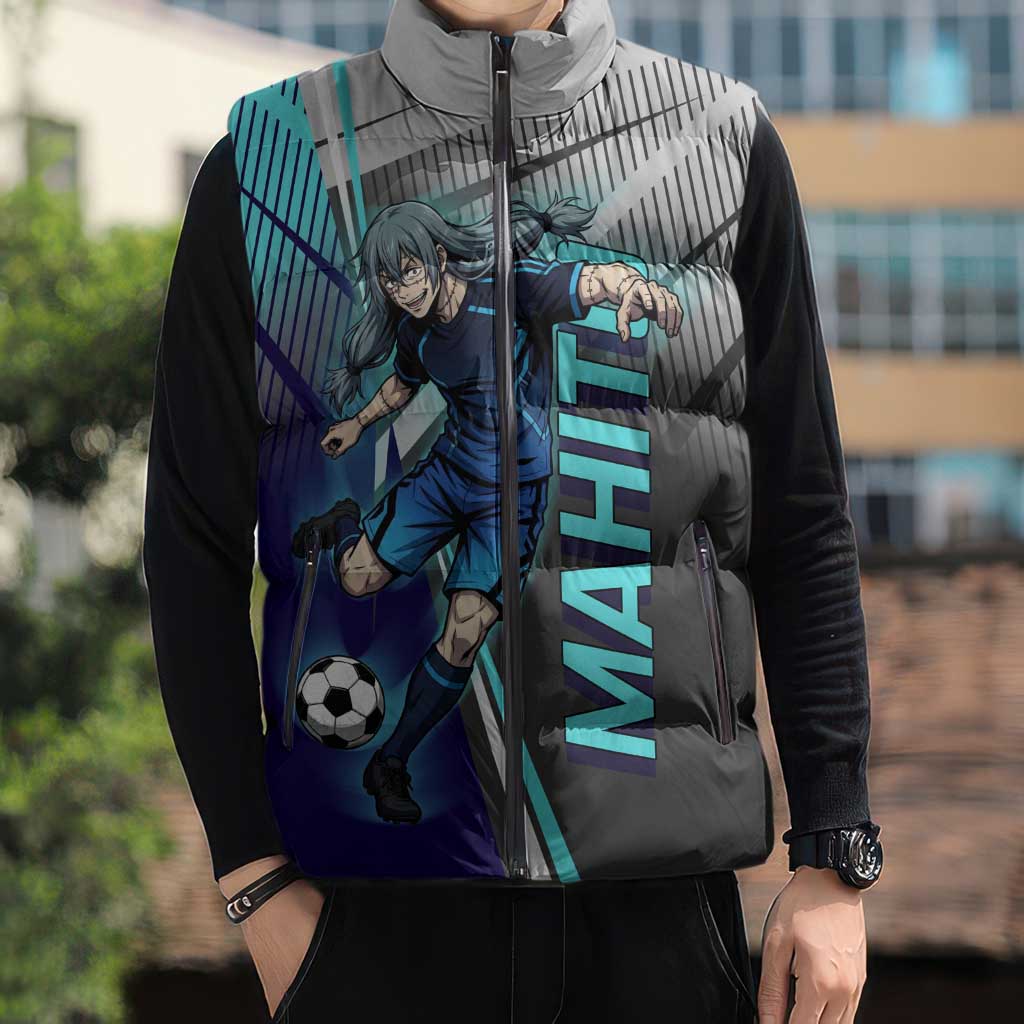 Personalized Mahito Jujutsu Kaisen Sleeveless Puffer Jacket with Teal Gradient and Blue Uniform Design