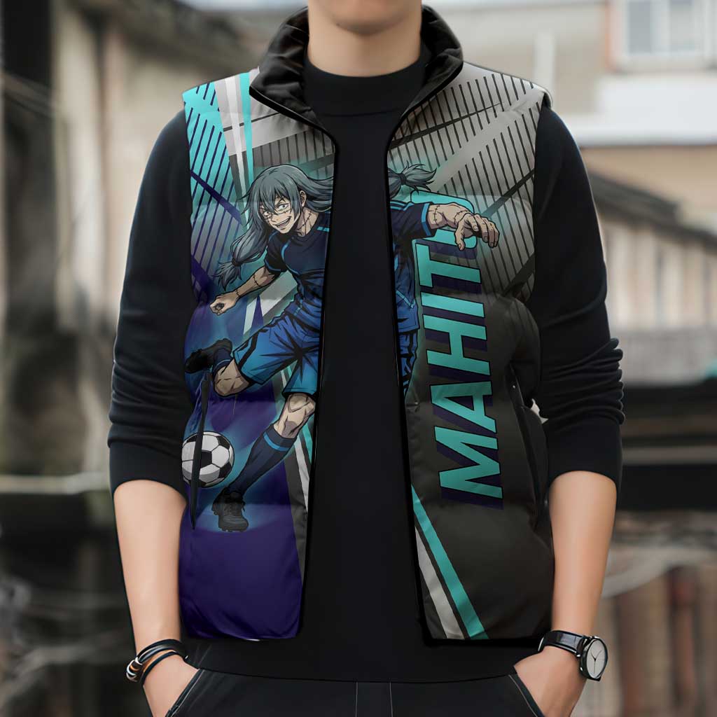 Personalized Mahito Jujutsu Kaisen Sleeveless Puffer Jacket with Teal Gradient and Blue Uniform Design