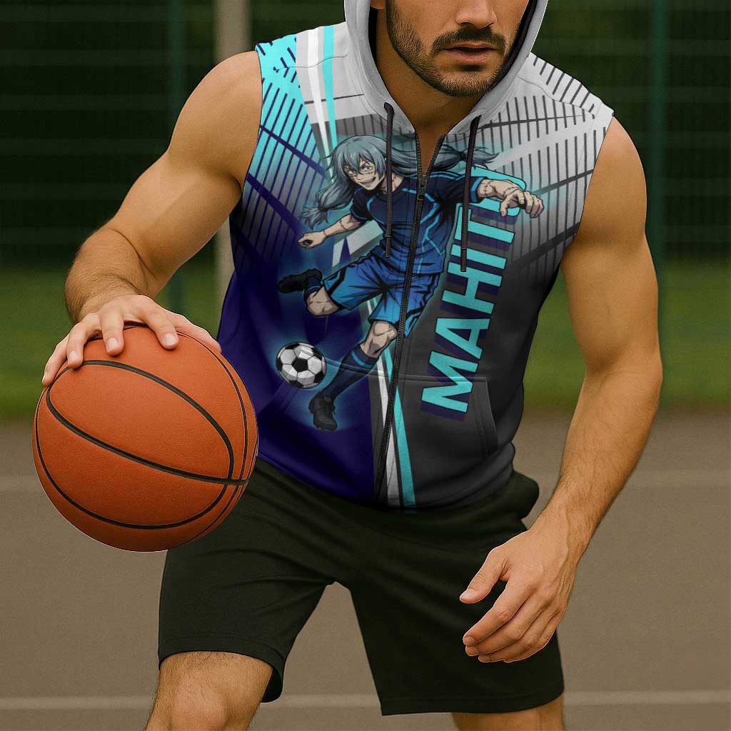 Personalized Mahito Jujutsu Kaisen Sleeveless Zip Hoodie with Teal Gradient and Blue Uniform Design
