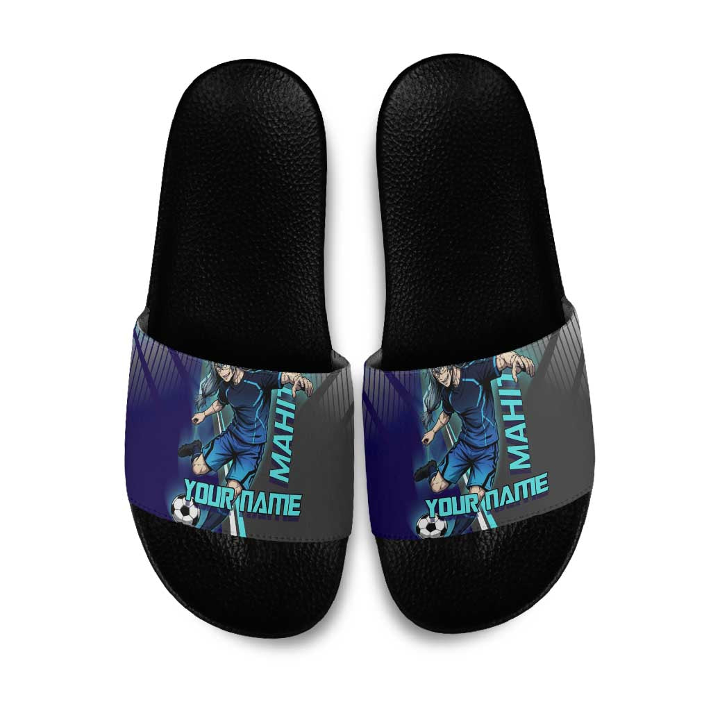 Personalized Mahito Jujutsu Kaisen Slide Sandals with Teal Gradient and Blue Uniform Design