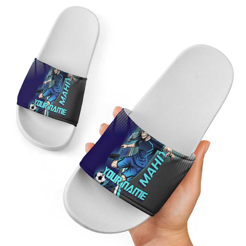 Personalized Mahito Jujutsu Kaisen Slide Sandals with Teal Gradient and Blue Uniform Design