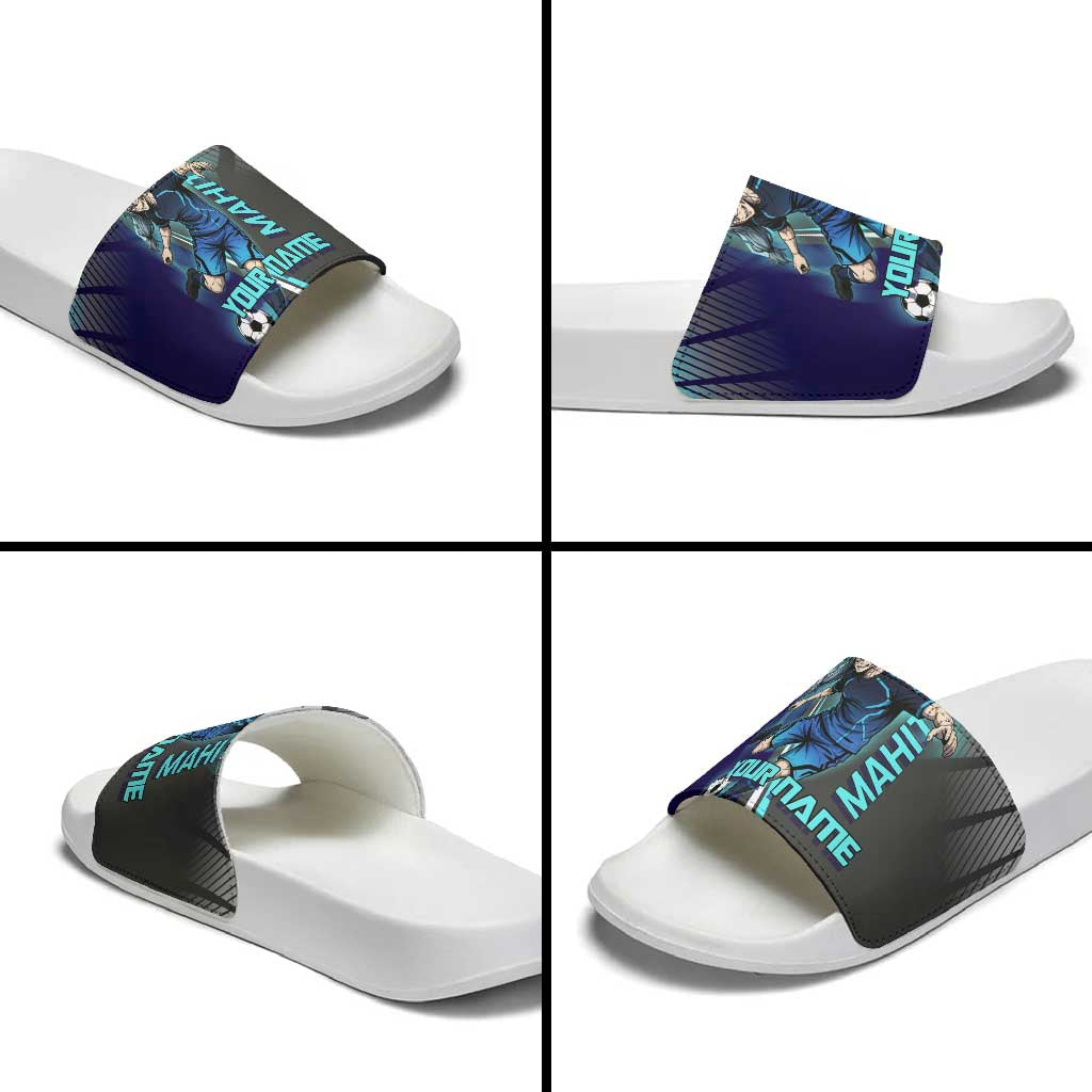 Personalized Mahito Jujutsu Kaisen Slide Sandals with Teal Gradient and Blue Uniform Design