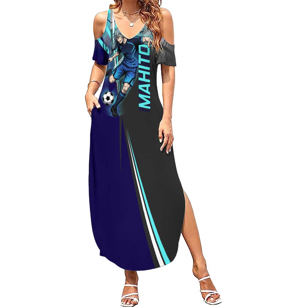 Personalized Mahito Jujutsu Kaisen Summer Maxi Dress with Teal Gradient and Blue Uniform Design