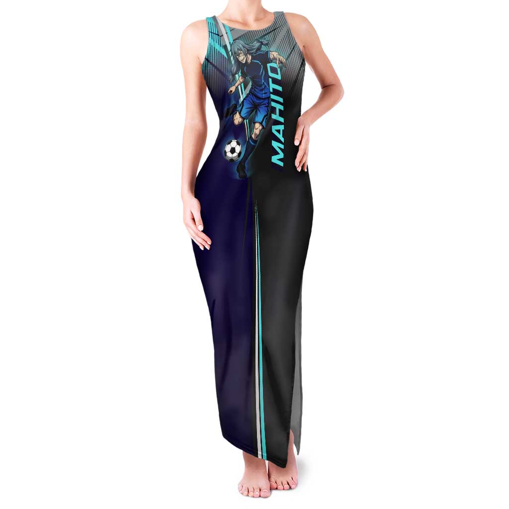 Personalized Mahito Jujutsu Kaisen Tank Maxi Dress with Teal Gradient and Blue Uniform Design