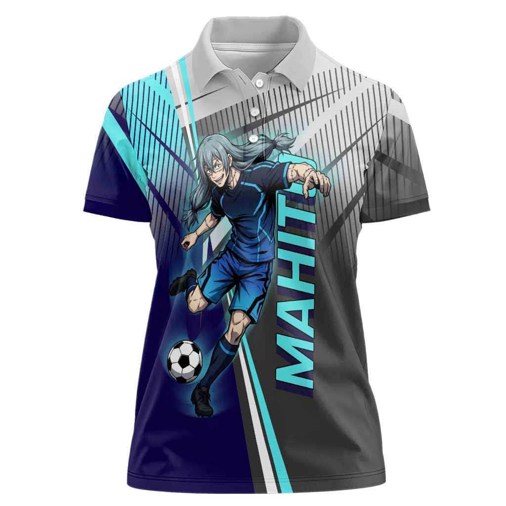 Personalized Mahito Jujutsu Kaisen Women Polo Shirt with Teal Gradient and Blue Uniform Design
