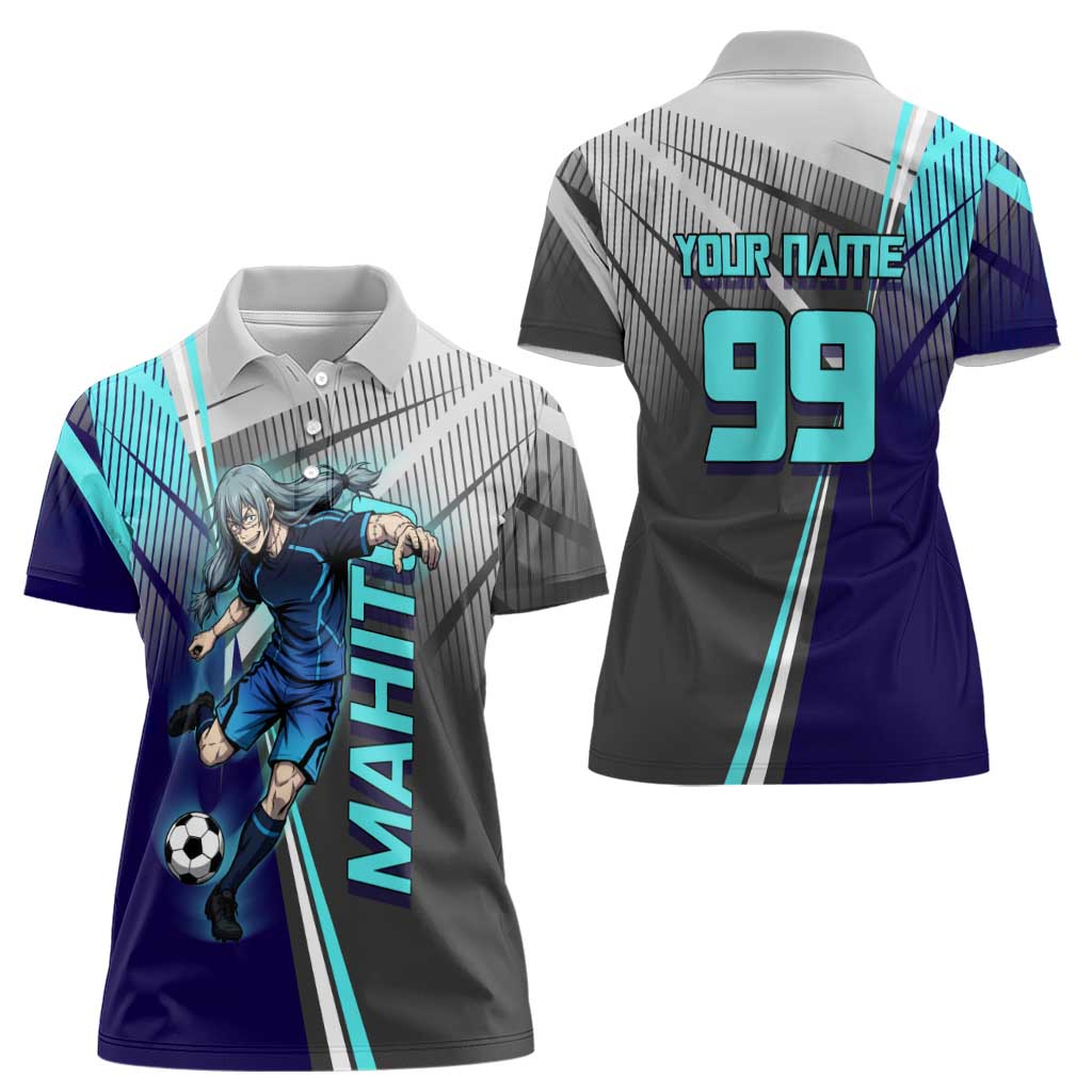 Personalized Mahito Jujutsu Kaisen Women Polo Shirt with Teal Gradient and Blue Uniform Design