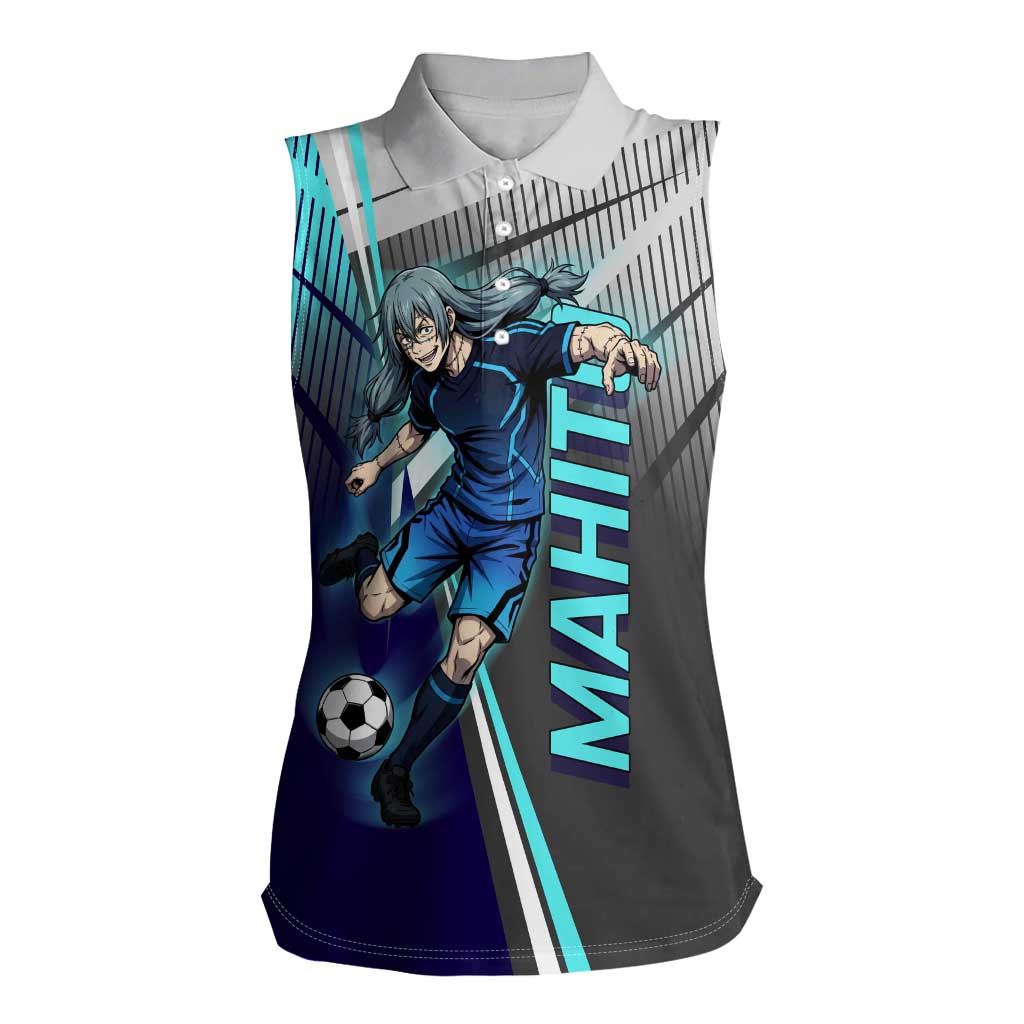 Personalized Mahito Jujutsu Kaisen Women Sleeveless Polo Shirt with Teal Gradient and Blue Uniform Design