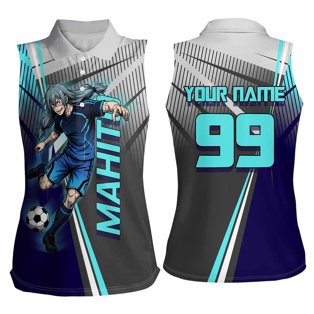 Personalized Mahito Jujutsu Kaisen Women Sleeveless Polo Shirt with Teal Gradient and Blue Uniform Design