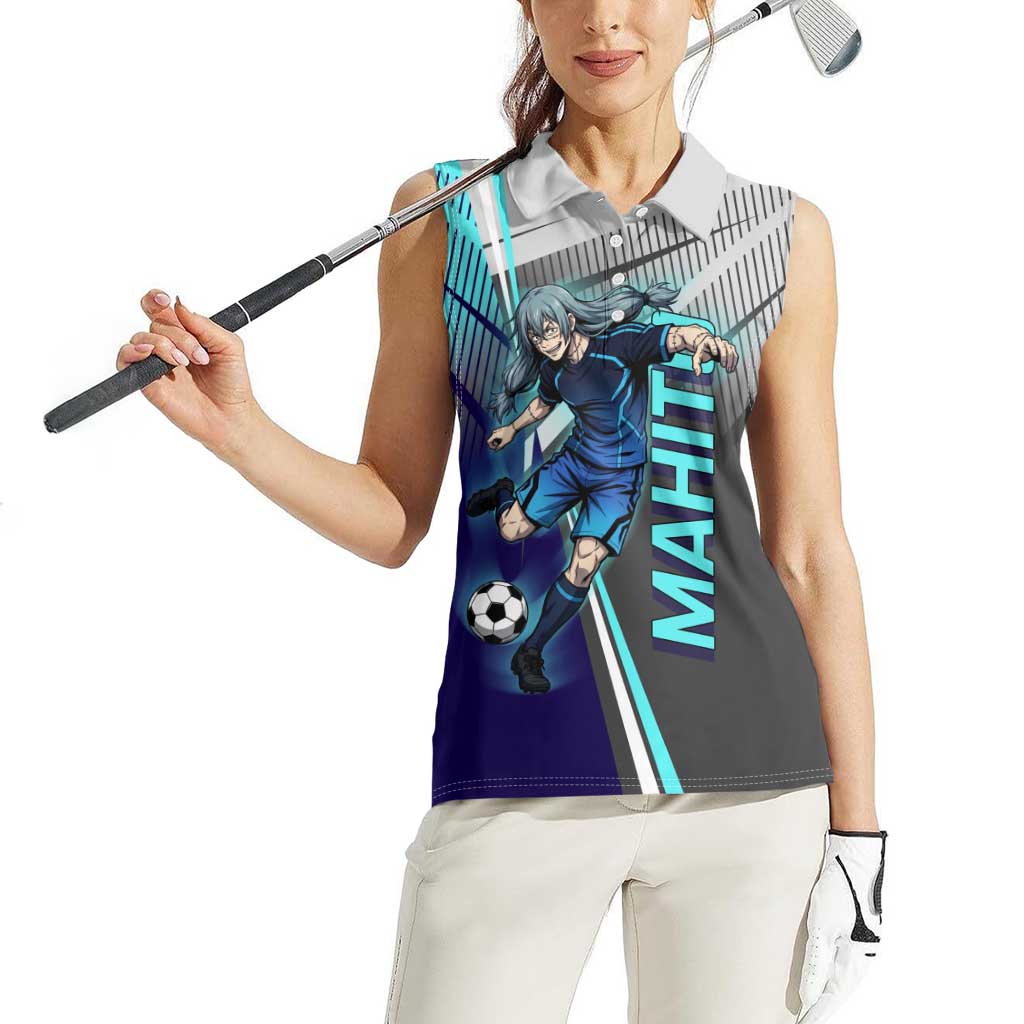 Personalized Mahito Jujutsu Kaisen Women Sleeveless Polo Shirt with Teal Gradient and Blue Uniform Design