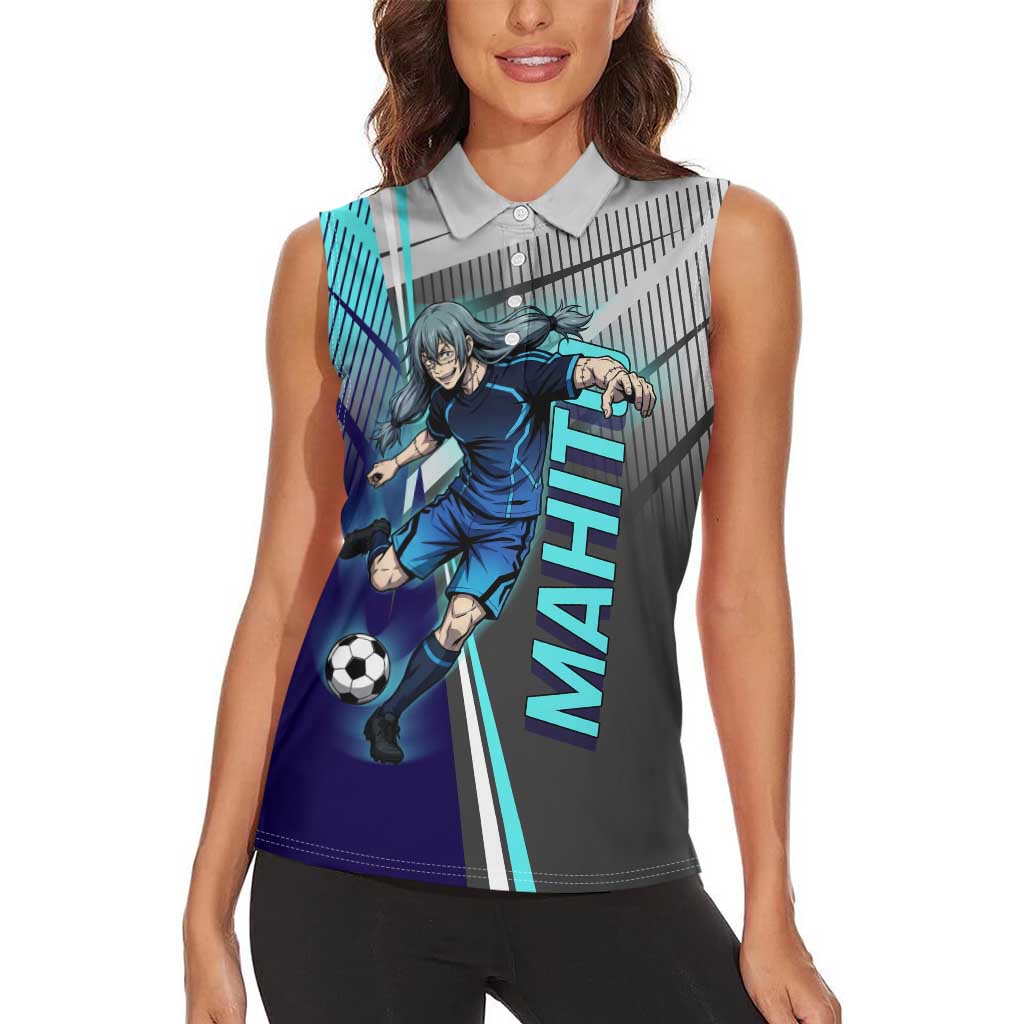 Personalized Mahito Jujutsu Kaisen Women Sleeveless Polo Shirt with Teal Gradient and Blue Uniform Design