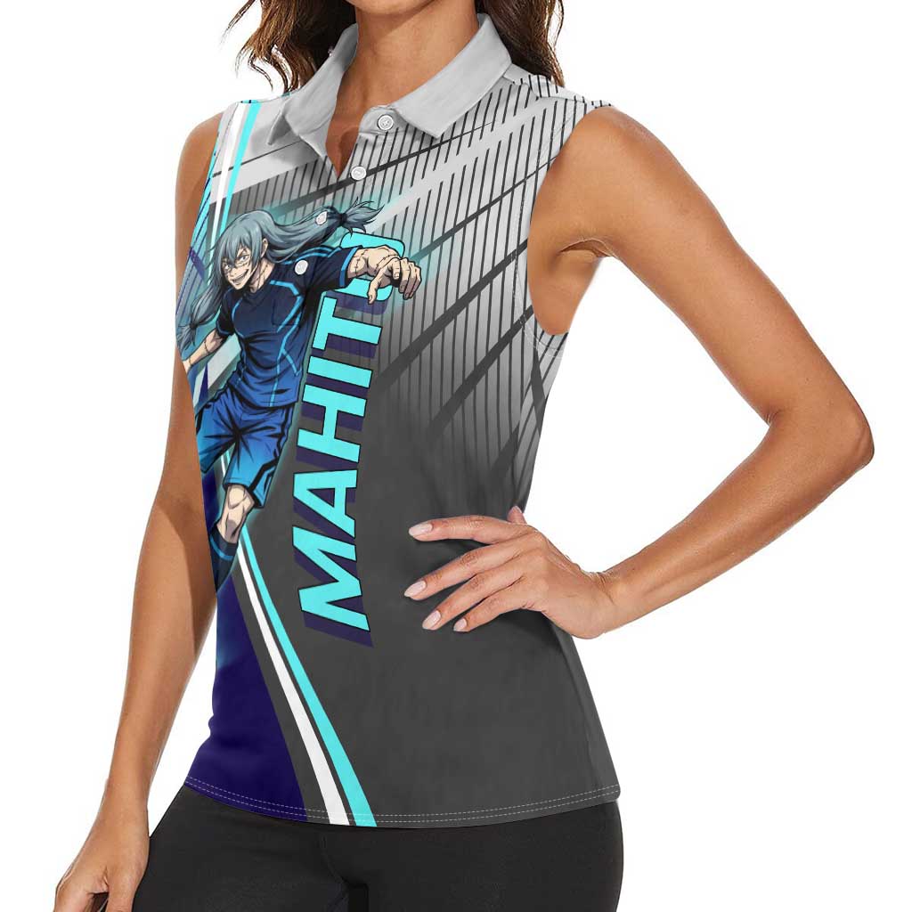 Personalized Mahito Jujutsu Kaisen Women Sleeveless Polo Shirt with Teal Gradient and Blue Uniform Design