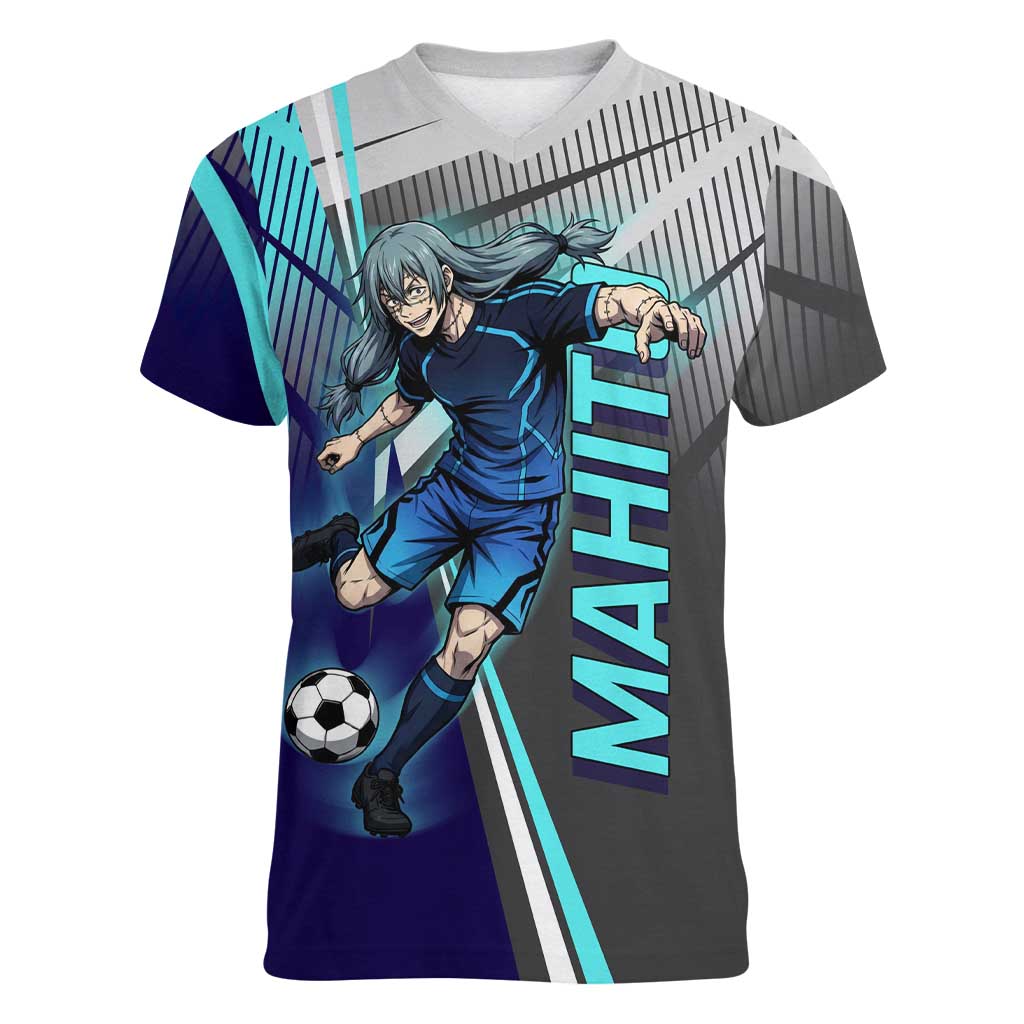 Personalized Mahito Jujutsu Kaisen Women V-Neck T-Shirt with Teal Gradient and Blue Uniform Design