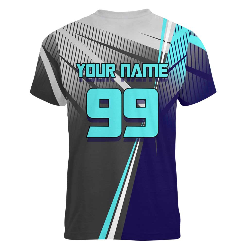 Personalized Mahito Jujutsu Kaisen Women V-Neck T-Shirt with Teal Gradient and Blue Uniform Design