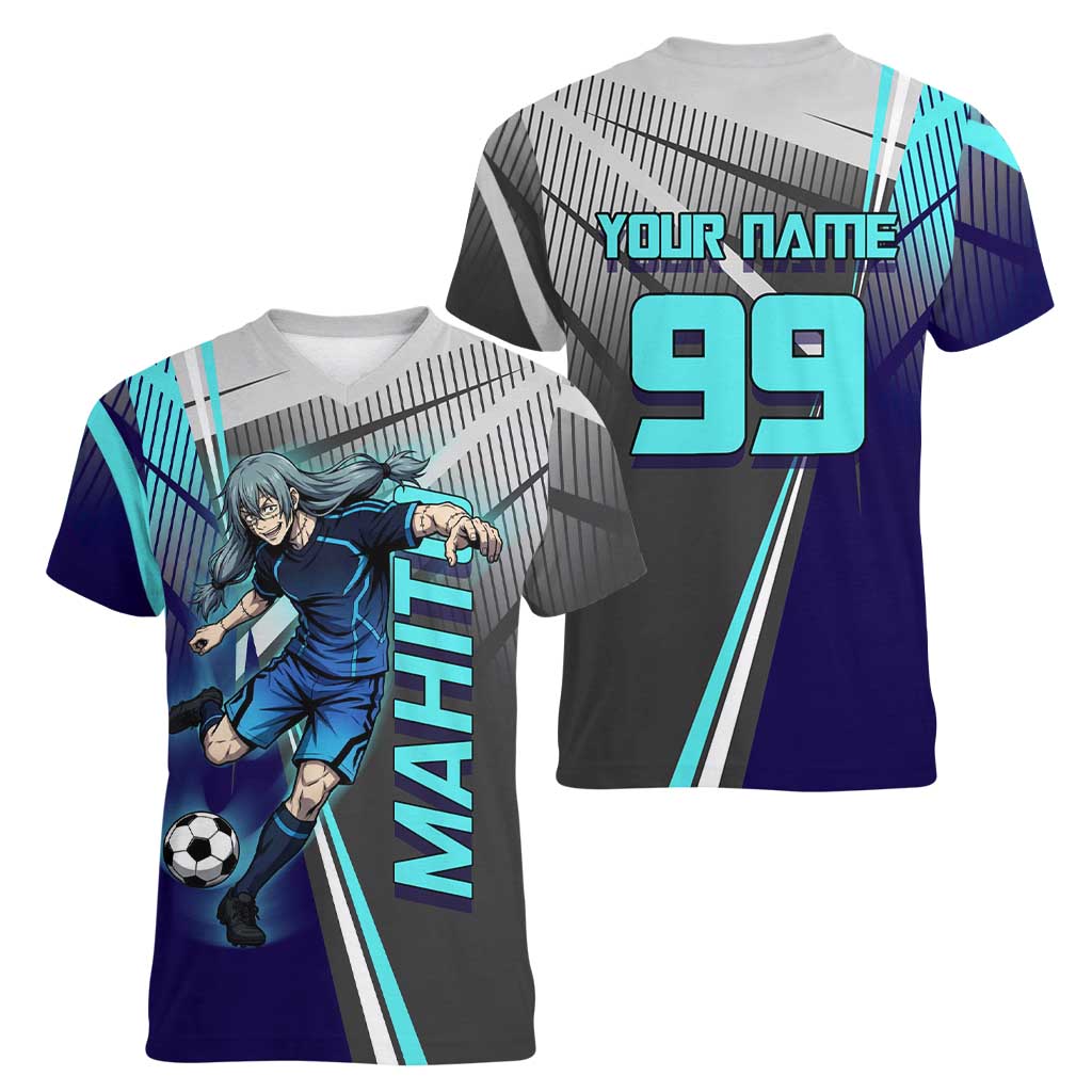 Personalized Mahito Jujutsu Kaisen Women V-Neck T-Shirt with Teal Gradient and Blue Uniform Design