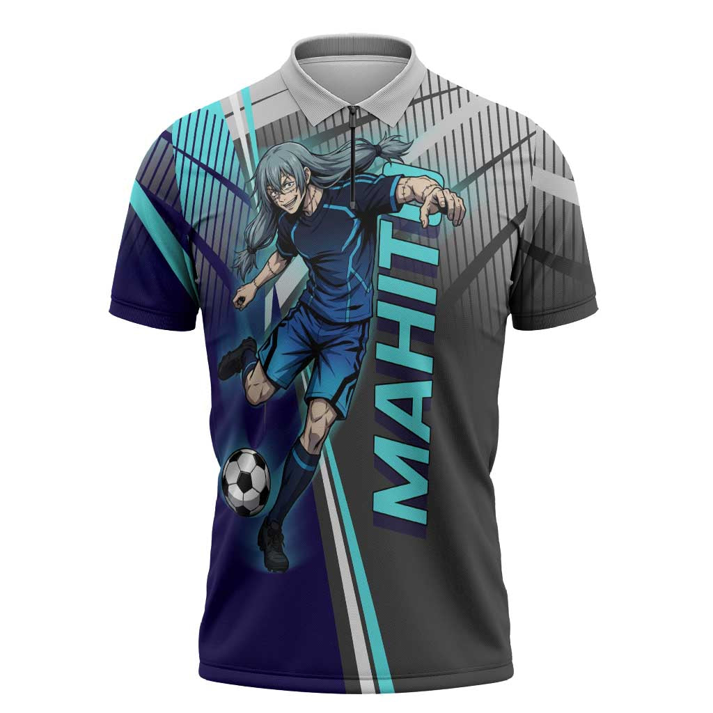 Personalized Mahito Jujutsu Kaisen Zipper Polo Shirt with Teal Gradient and Blue Uniform Design
