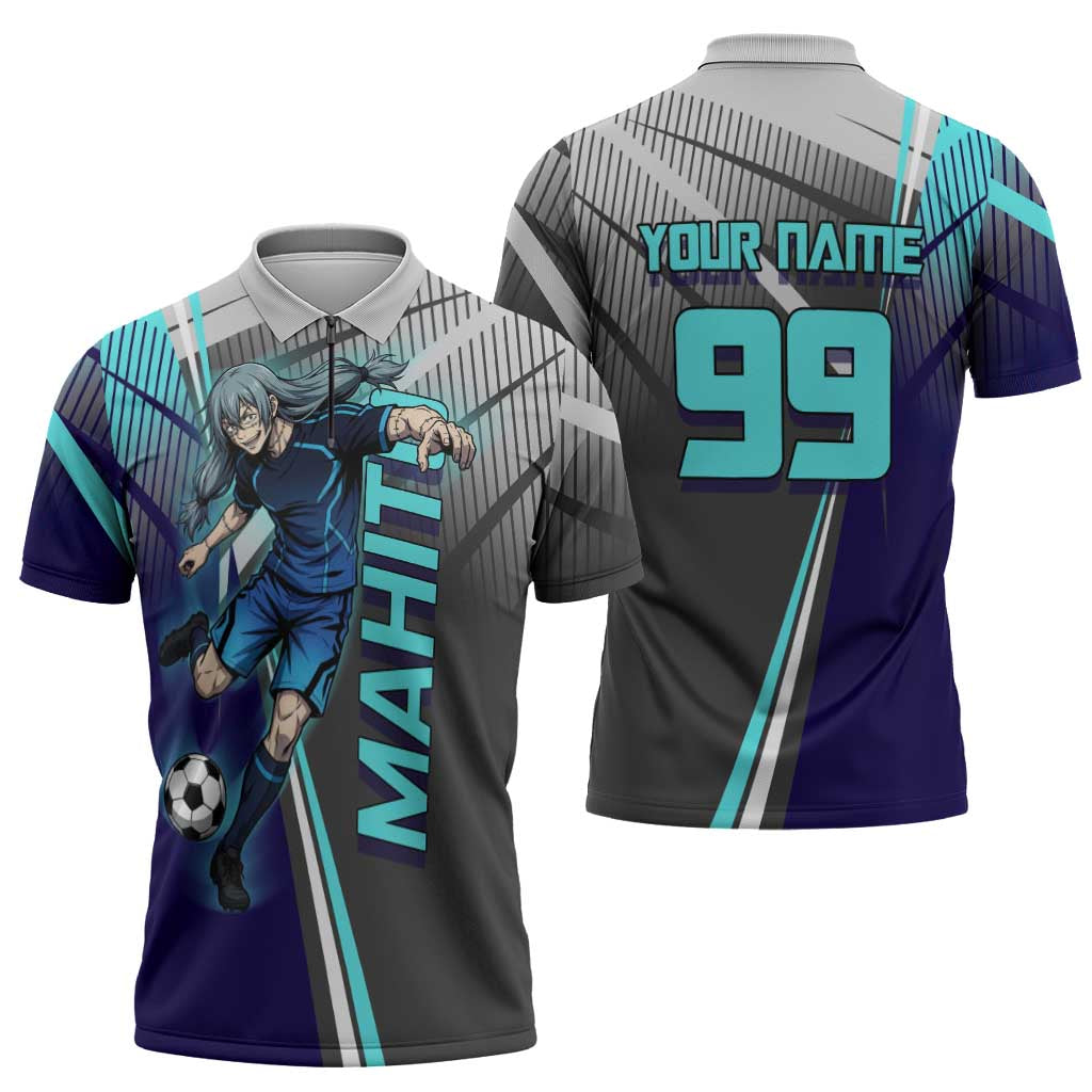 Personalized Mahito Jujutsu Kaisen Zipper Polo Shirt with Teal Gradient and Blue Uniform Design