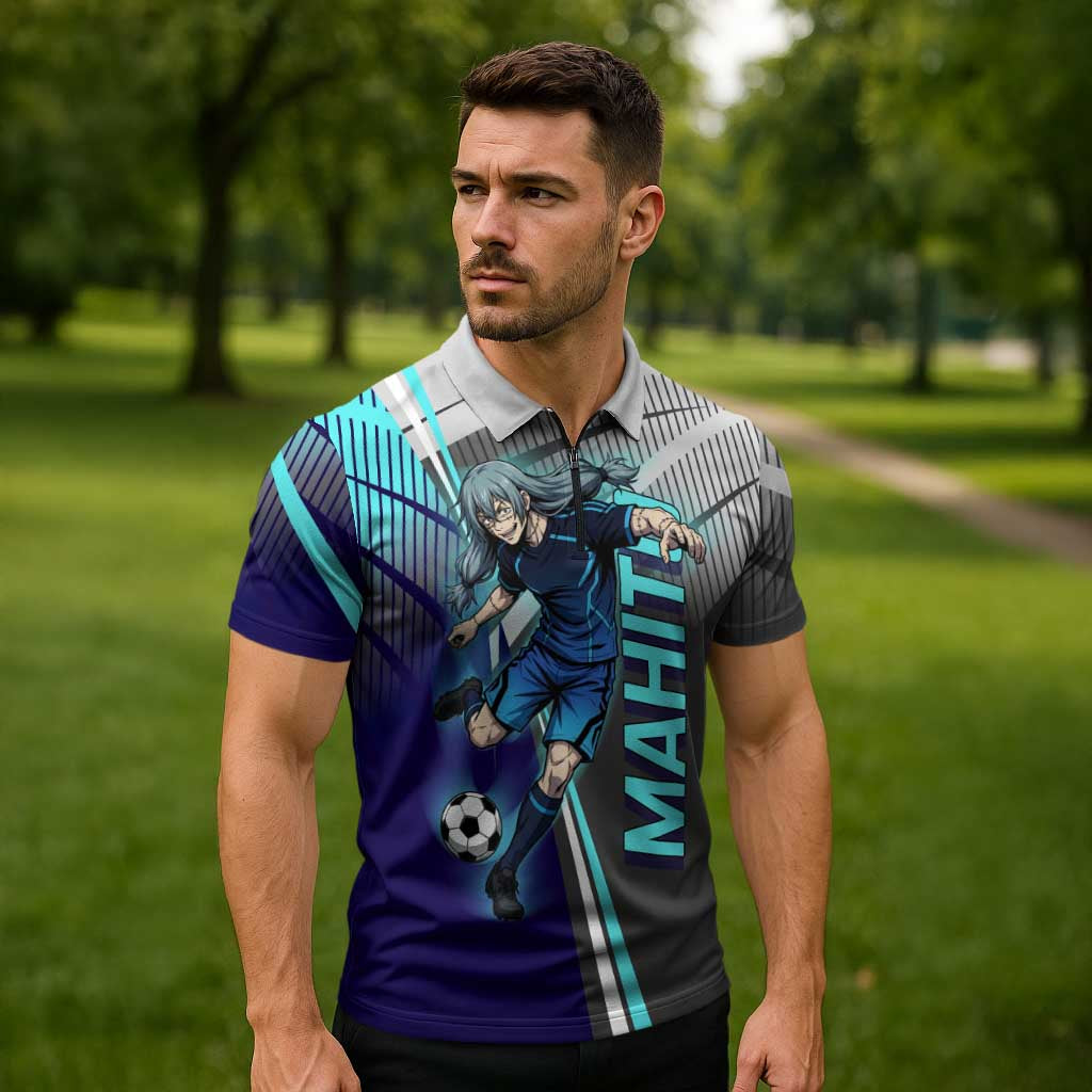 Personalized Mahito Jujutsu Kaisen Zipper Polo Shirt with Teal Gradient and Blue Uniform Design