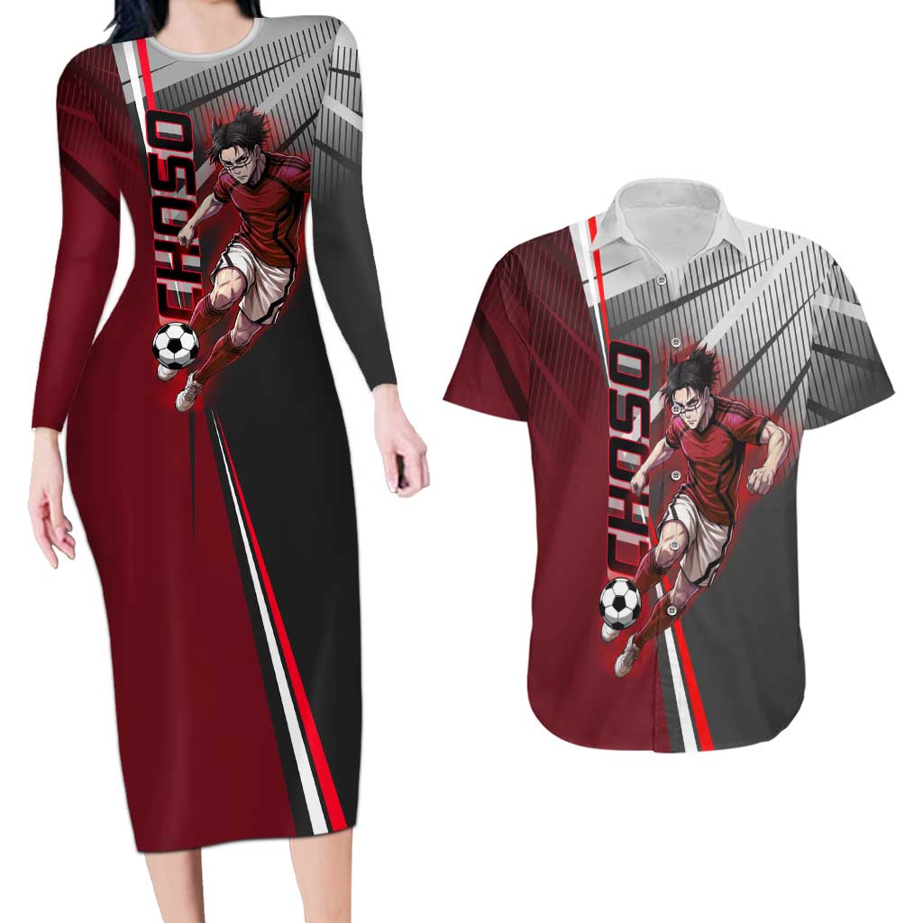 Personalized Choso Jujutsu Kaisen Couples Matching Long Sleeve Bodycon Dress and Hawaiian Shirt with Red Gradient and Dynamic Kick Design