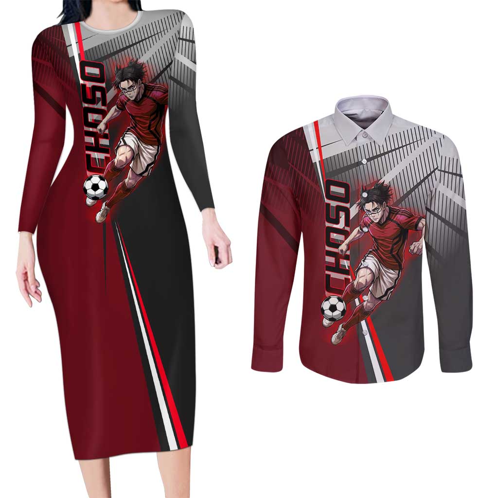 Personalized Choso Jujutsu Kaisen Couples Matching Long Sleeve Bodycon Dress and Long Sleeve Button Shirt with Red Gradient and Dynamic Kick Design