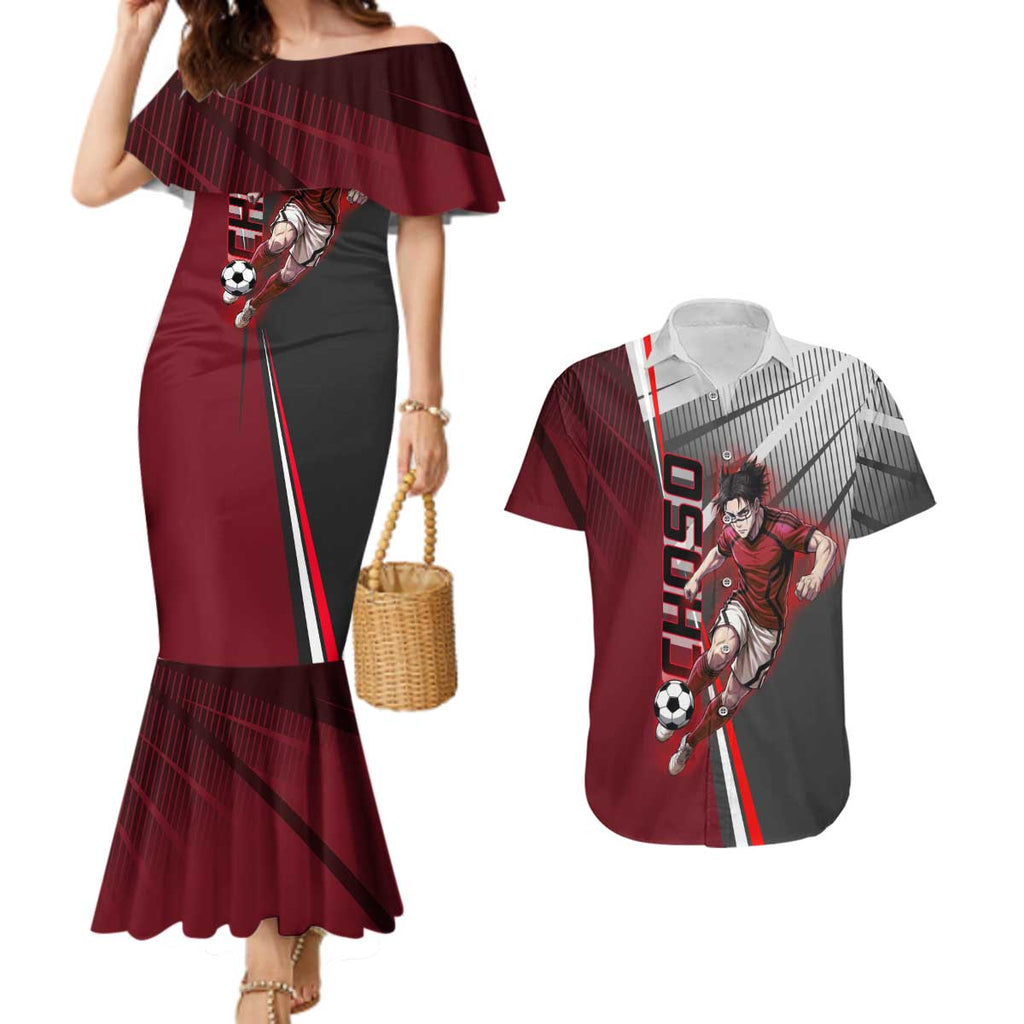 Personalized Choso Jujutsu Kaisen Couples Matching Mermaid Dress and Hawaiian Shirt with Red Gradient and Dynamic Kick Design
