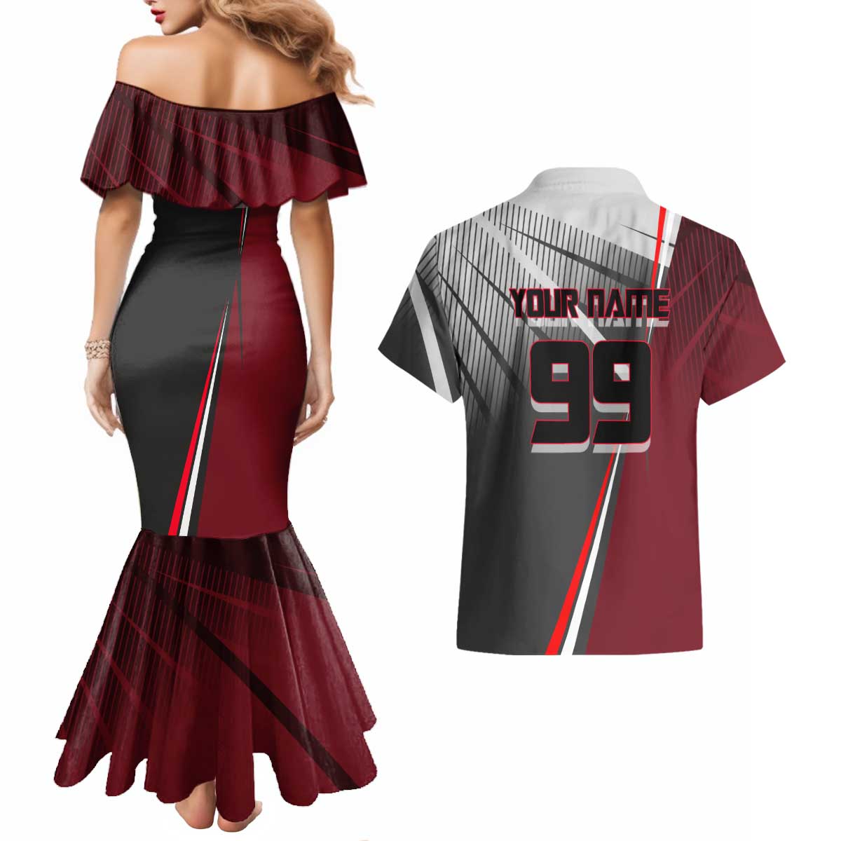 Personalized Choso Jujutsu Kaisen Couples Matching Mermaid Dress and Hawaiian Shirt with Red Gradient and Dynamic Kick Design