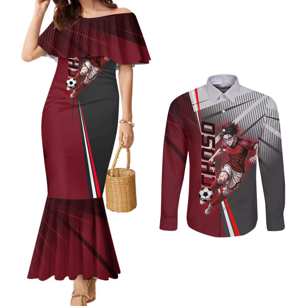 Personalized Choso Jujutsu Kaisen Couples Matching Mermaid Dress and Long Sleeve Button Shirt with Red Gradient and Dynamic Kick Design