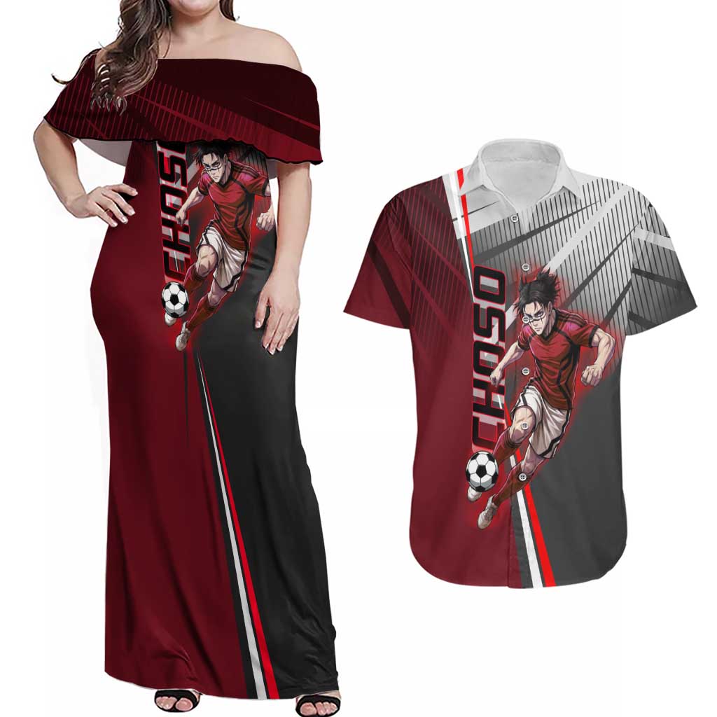 Personalized Choso Jujutsu Kaisen Couples Matching Off Shoulder Maxi Dress and Hawaiian Shirt with Red Gradient and Dynamic Kick Design