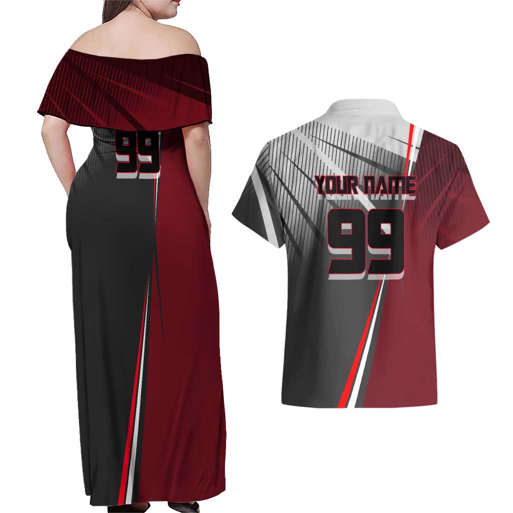 Personalized Choso Jujutsu Kaisen Couples Matching Off Shoulder Maxi Dress and Hawaiian Shirt with Red Gradient and Dynamic Kick Design