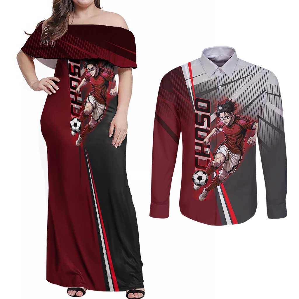 Personalized Choso Jujutsu Kaisen Couples Matching Off Shoulder Maxi Dress and Long Sleeve Button Shirt with Red Gradient and Dynamic Kick Design
