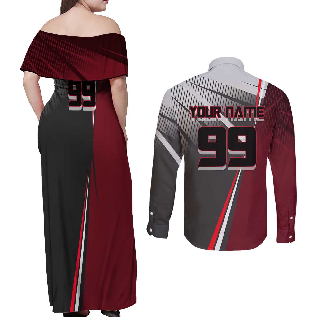 Personalized Choso Jujutsu Kaisen Couples Matching Off Shoulder Maxi Dress and Long Sleeve Button Shirt with Red Gradient and Dynamic Kick Design