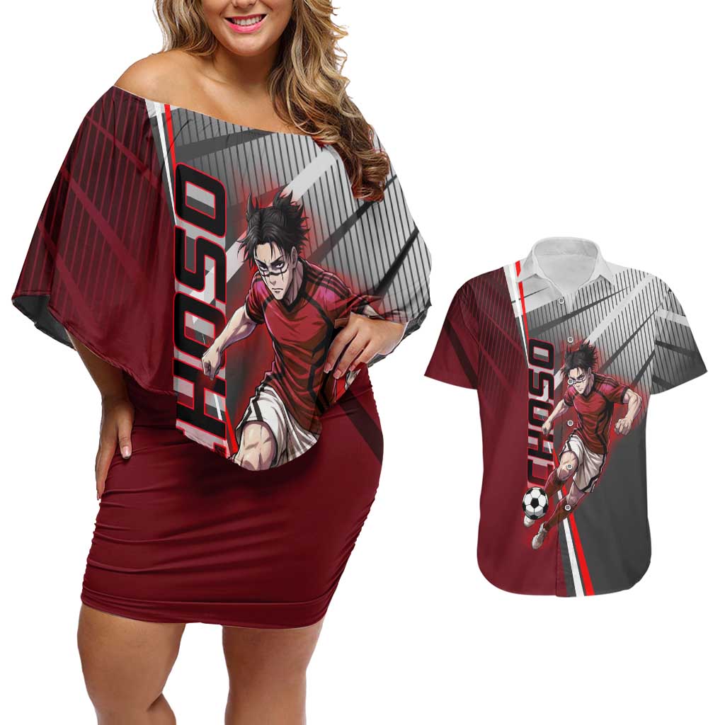 Personalized Choso Jujutsu Kaisen Couples Matching Off Shoulder Short Dress and Hawaiian Shirt with Red Gradient and Dynamic Kick Design