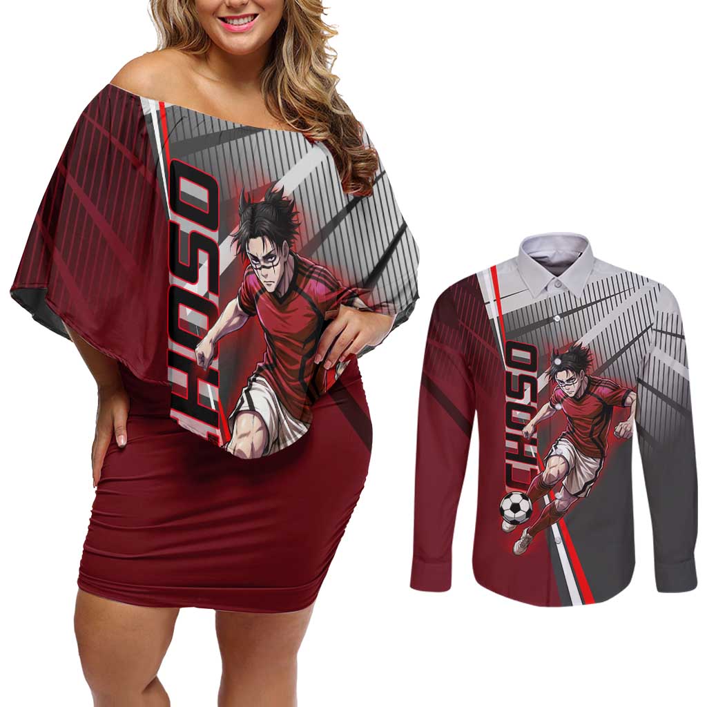 Personalized Choso Jujutsu Kaisen Couples Matching Off Shoulder Short Dress and Long Sleeve Button Shirt with Red Gradient and Dynamic Kick Design