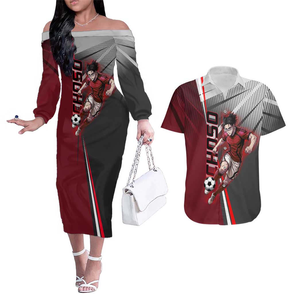 Personalized Choso Jujutsu Kaisen Couples Matching Off The Shoulder Long Sleeve Dress and Hawaiian Shirt with Red Gradient and Dynamic Kick Design