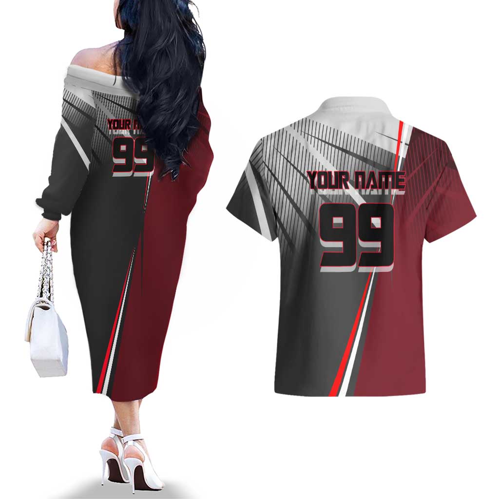 Personalized Choso Jujutsu Kaisen Couples Matching Off The Shoulder Long Sleeve Dress and Hawaiian Shirt with Red Gradient and Dynamic Kick Design