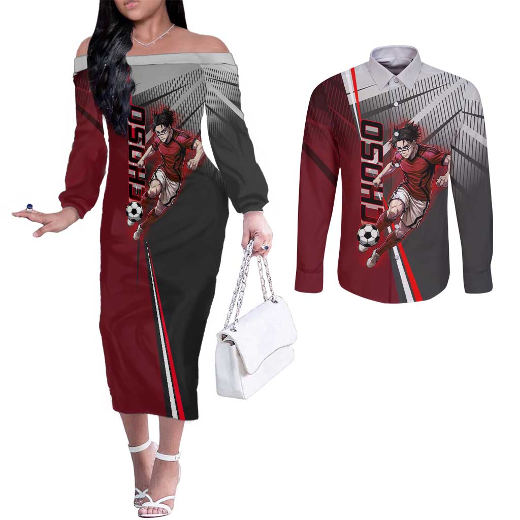 Personalized Choso Jujutsu Kaisen Couples Matching Off The Shoulder Long Sleeve Dress and Long Sleeve Button Shirt with Red Gradient and Dynamic Kick Design